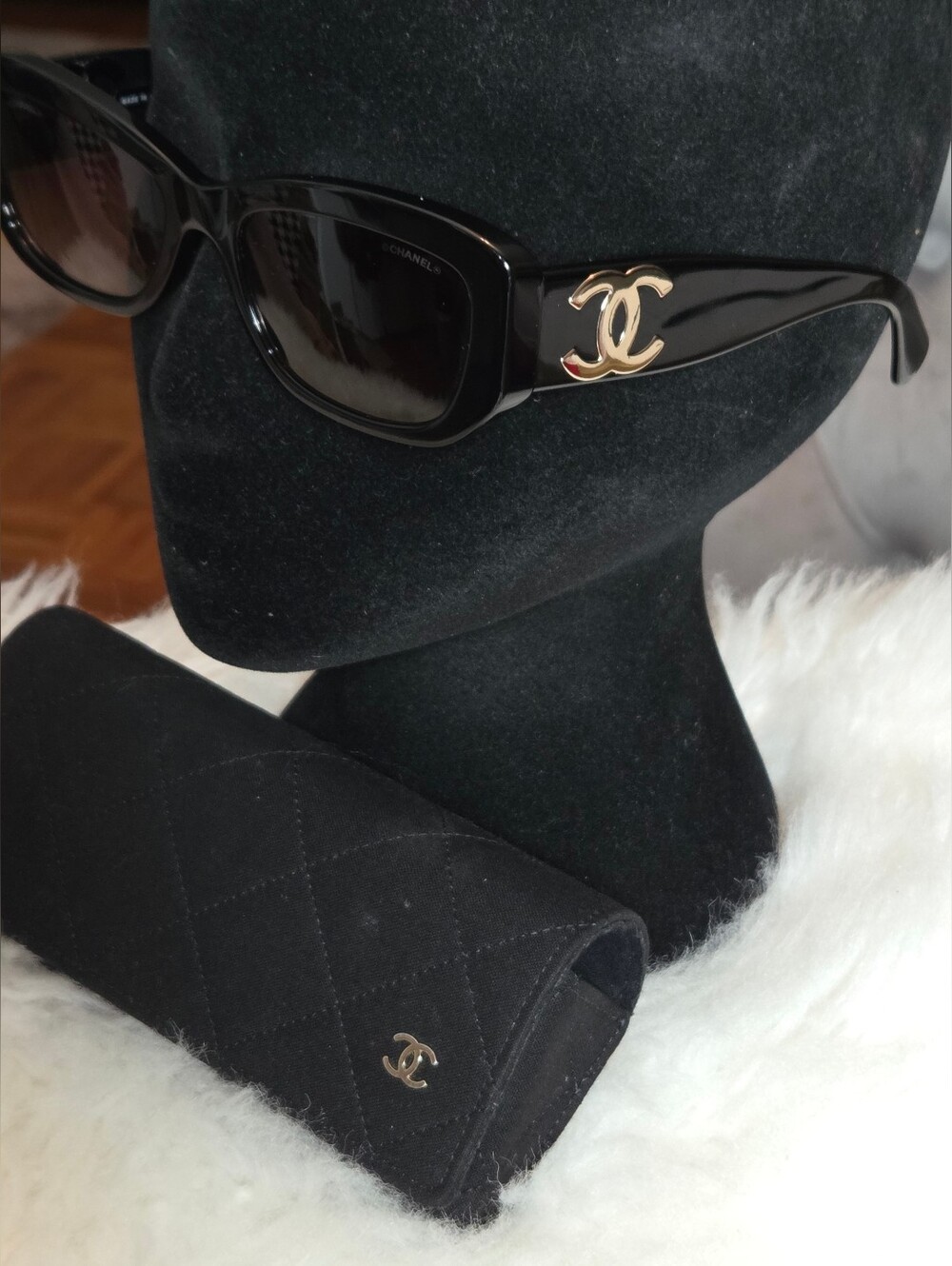 CHANEL Black Logo Accent Sunglasses with Gold CC Detail